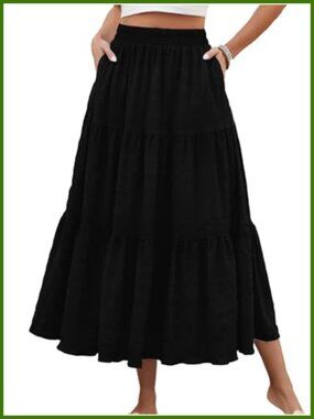 Women's Smocked Tiered Maxi Skirt High Waisted A-Line Flowy with Pockets